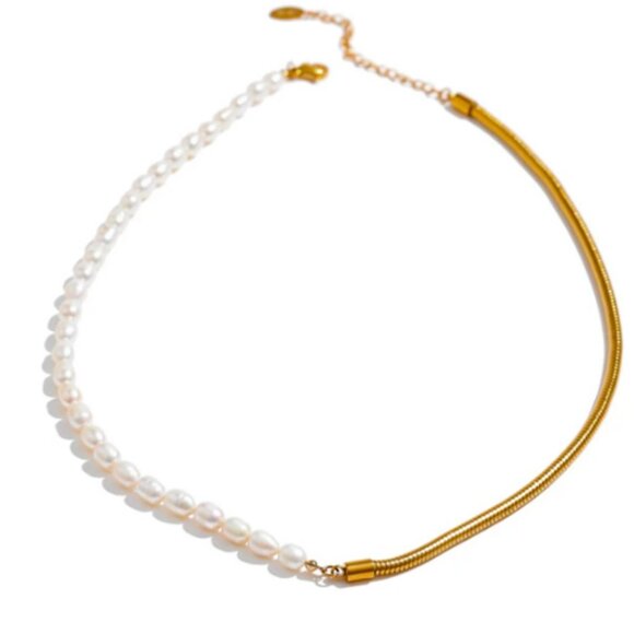 Stainless Steel Natural Pearl Chain Necklace 18k Plated Collar Golden - Picture 1 of 3